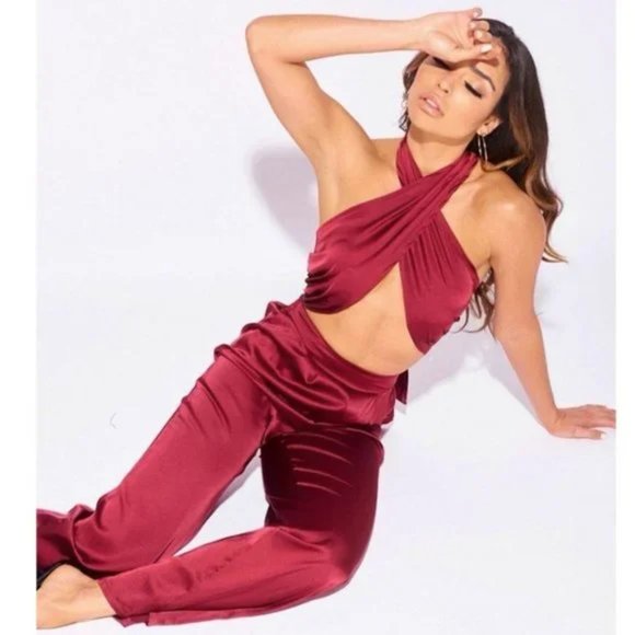 Burgundy Satin Halter Neck Crop Top and High Waist Wide Leg Pants Two Piece Set - Picture 6 of 11